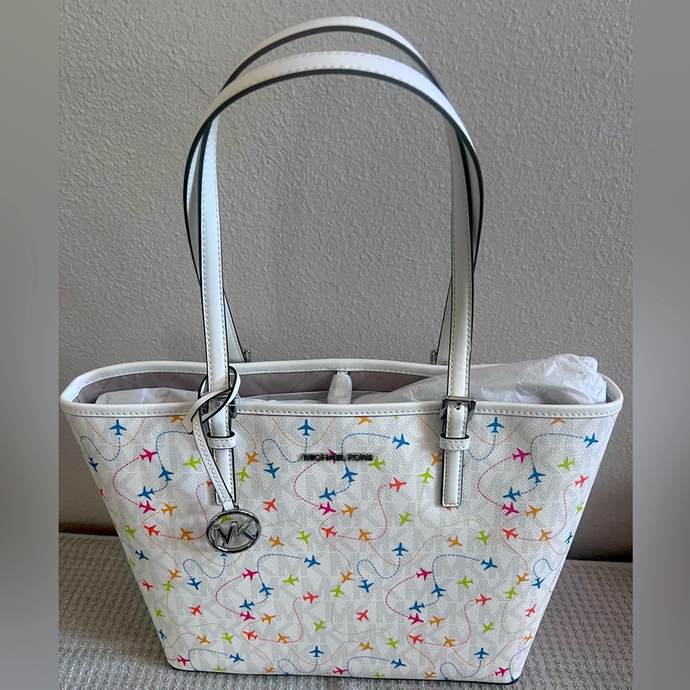 Brand New Michael Kors Jet Set White Multi Color Airplane Carryall Tote